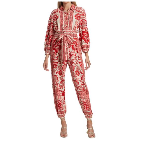 FARM Rio Pineapple Garden Floral-Print Linen-Blend Jumpsuit in Red & White Sz M - Picture 2 of 16